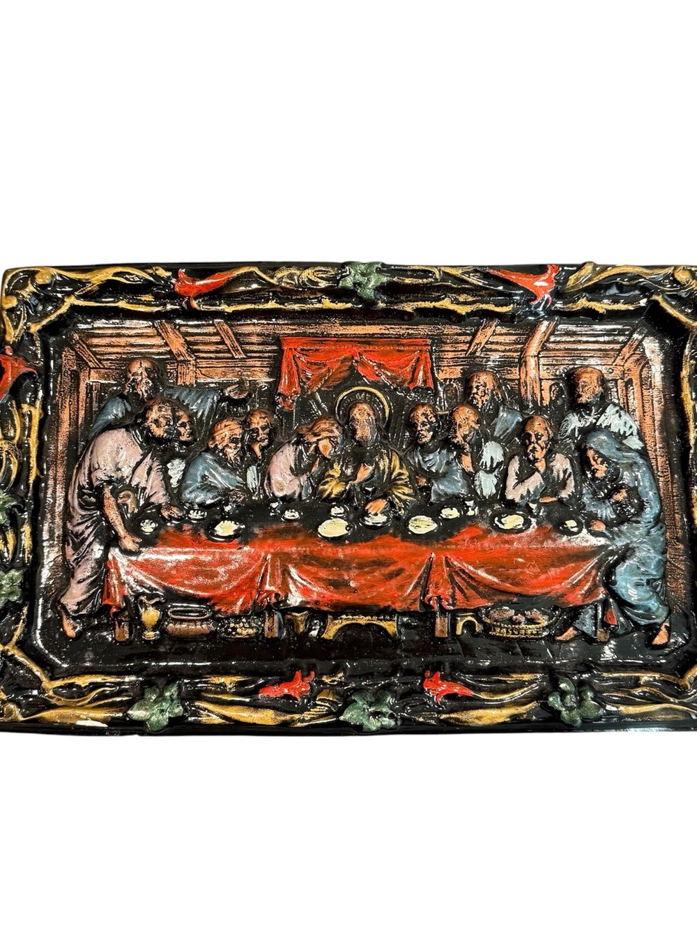 Vintage plaster chalkware Last Supper 3D relief wall plaque Jesus Da Vinci 50s